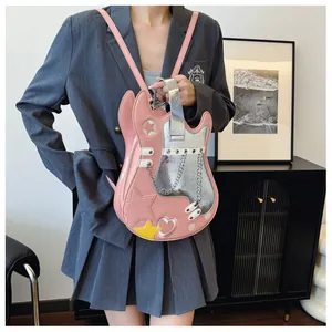 Creative pink guitar-shaped backpack displayed by a model in a stylish indoor setting