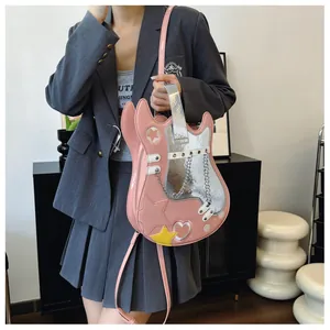 Detail view of a creative guitar-shaped pink and silver handbag with metal chain details.