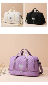 Detailed view of quilted travel bags with dry-wet separation in purple, black, and white.