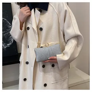Elegant silver pleated evening clutch bag with glitter texture and gold chain strap detail