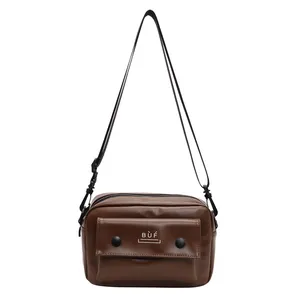 Bolso bandolera vintage de cuero PU marrón con bolsillo delantero de doble presión