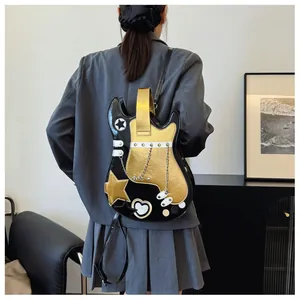 Creative guitar-shaped crossbody backpack with metallic gold accents and chain detail