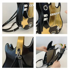 Close-up view of a guitar shaped backpack with shiny finish and decorative metal chains