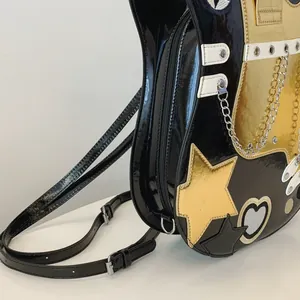 Close-up of a unique guitar-shaped patent leather backpack with gold stars and chains
