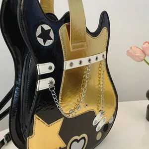 Close-up of guitar-shaped backpack featuring gold metallic finish and chain details