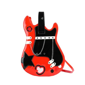 Front view of a creative guitar-shaped crossbody bag with red and black patent leather