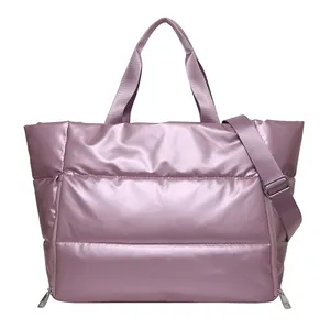 High-quality lilac quilted puffer tote bag with large capacity for travel and fitness use