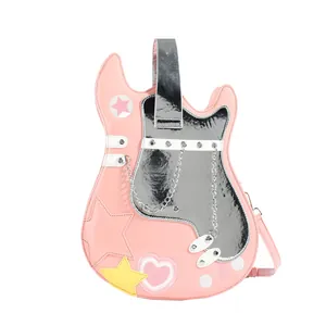Front view of creative guitar-shaped handbag with pink and metallic silver details