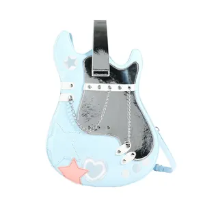 Creative light blue guitar-shaped handbag with silver mirror finish and star patches.