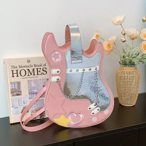 Novelty Guitar Shaped PU Leather Backpack For Women Fashion Color Block Crossbody Bag With Metal Chain Stars Heart Decor