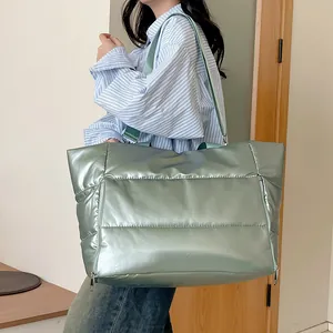 Korean style metallic light green large capacity puffer travel tote bag for women