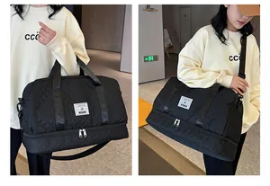 Detailed views of a black quilted travel duffel bag with dry-wet separation features