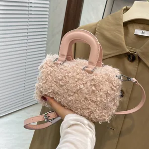Women Plush Square Handbag Fashion Sherpa Crossbody Shoulder Bag With Synthetic Leather Handle Zipper Closure Daily Commute Tote Gift