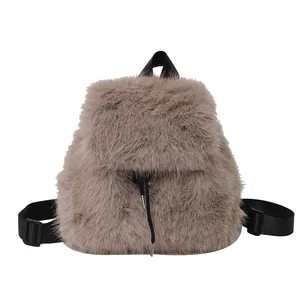 Front view of cute fuzzy faux fur backpack with soft texture and adjustable black straps
