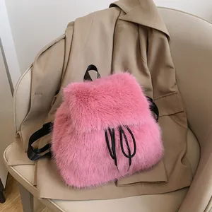 Women Korean Fashion Solid Color Plush Drawstring Bucket Backpack Cute Faux Fur Handbag Casual Travel School Bag