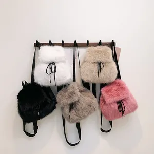Cute solid color faux fur drawstring backpacks in multi-color display for women