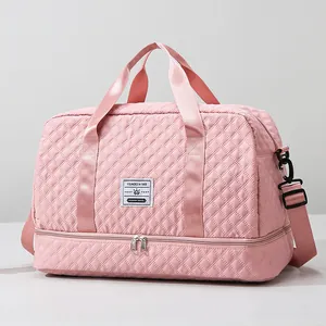 Women Large Capacity Quilted Rhombic Travel Bag Waterproof Oxford Cloth Gym Fitness Duffel With Shoe Compartment Dry Wet Separation Casual Shoulder Bag
