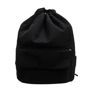 Large capacity black lightweight nylon drawstring bucket backpack with front zipper pocket