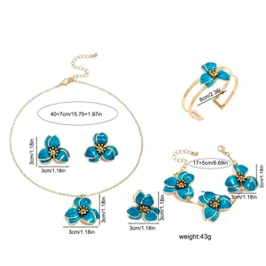 Detailed dimensions of blue enamel flower jewelry set including necklace and bracelet
