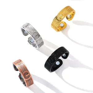 Detailed view of Tree of Life magnetic therapy rings in four metallic finishes