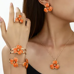 Minimalist Alloy Enamel Flower Earrings Necklace Ring Bangle Set For Women Forest Vacation Style Floral Jewelry Gold Plated Accessories
