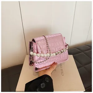 Borsa Quadrata Piccola in Pelle PU con Motivo Coccodrillo Donna Manico con Perle Borsa a Tracolla con Catena