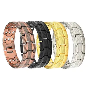 Detailansicht von vier Vintage-Magnetarmbändern in Kupfer, Schwarz, Gold und Silber