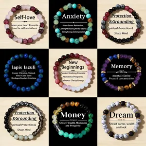 Variety of natural stone beaded bracelets with different spiritual themes and colors