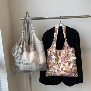 Stylish large capacity floral and newspaper print canvas tote bags for women commuters