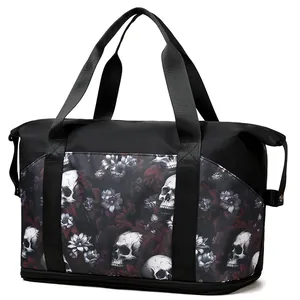 Borsa da palestra capiente con design gotico di teschio e fiori per sport