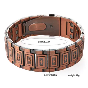 Detail view of copper magnetic bracelet with 21cm length, 2.1cm width and 92g weight specs
