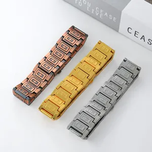 Close-up of men's wide magnetic link bracelets in copper, gold, and silver finishes