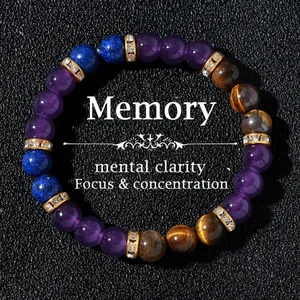 Natural stone beaded bracelet featuring tiger eye and amethyst for focus and memory