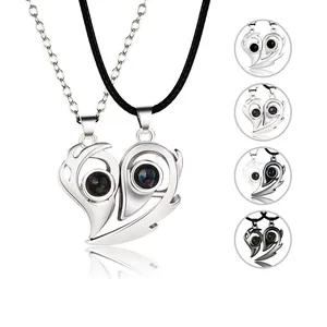 Magnetic Couple Necklace Heart Projection Pendant 100 Languages I Love You Minimalist Alloy Necklace For Lovers Jewelry Gift