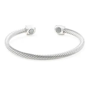 Silver-toned steel wire cable magnetic therapy cuff bracelet for health and style