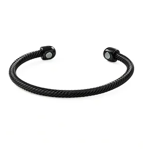 Black twisted steel wire magnetic cuff bracelet featuring an adjustable opening design