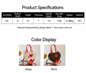 Detailed size chart and color options for the heart-shaped fashion handbag for women.