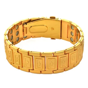 Detailed macro view of gold-tone magnetic link bracelet with triple row magnets for men