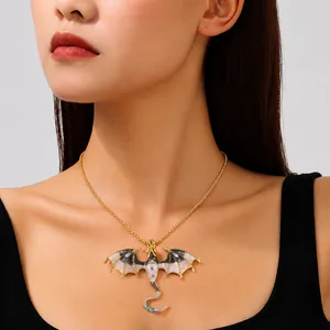 Vintage Cartoon Flying Dragon Pendant Necklace Rhinestone Enamel Animal Jewelry For Men Women Couple Bracelet Brooch