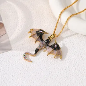 Vintage enamel flying dragon pendant necklace with multicolored rhinestones on gold chain