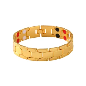 Close-up of a gold magnetic therapy bracelet for men with hexagonal links and magnets.