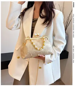 Elegant New Chinese style pearl beaded clutch bag with gold chain strap detail