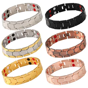 Men's wide magnetic therapy bracelet with hexagonal links in six metallic finishes