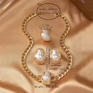Baroque pearl jewelry set detail showing necklace, ring, and earrings with exact dimensions