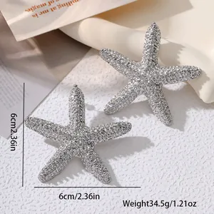 Macro detail of oversized silver starfish earrings featuring a textured metallic finish