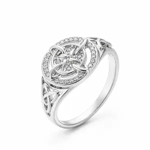 Elegant silver Celtic knot ring featuring a sparkling zircon stone cluster for women