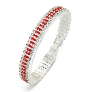 Luxurious three-row rhinestone claw chain bracelet with red and clear crystals in silver
