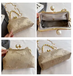 Detail views of New Chinese style beaded clutch bag showing interior lining and embroidery texture