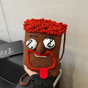 Lustige Handgestrickte Monster Cartoon Gesicht Umhängetasche Für Damen Einzigartige Häkel Kleine Schultertasche Trendy Mini Handtasche