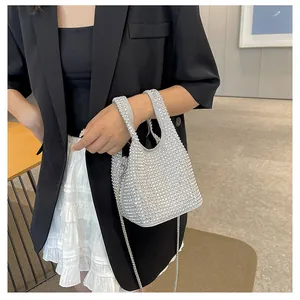 Elegant silver rhinestone bucket bag with a metal chain strap shown being worn by a model